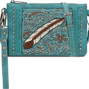 NWT Montana West Feather Embroidered Crossbody/Wristlet/Clutch,Turq., 8" x 5.